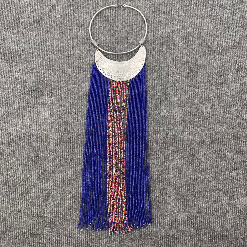 African Fringe Necklace Silver Tone Long Beaded Crescent Tribal Vintage Boho